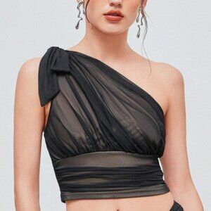 NWT Cider Mesh Black/Nude Asymmetric Bow Tie Strap Crop Top size Small